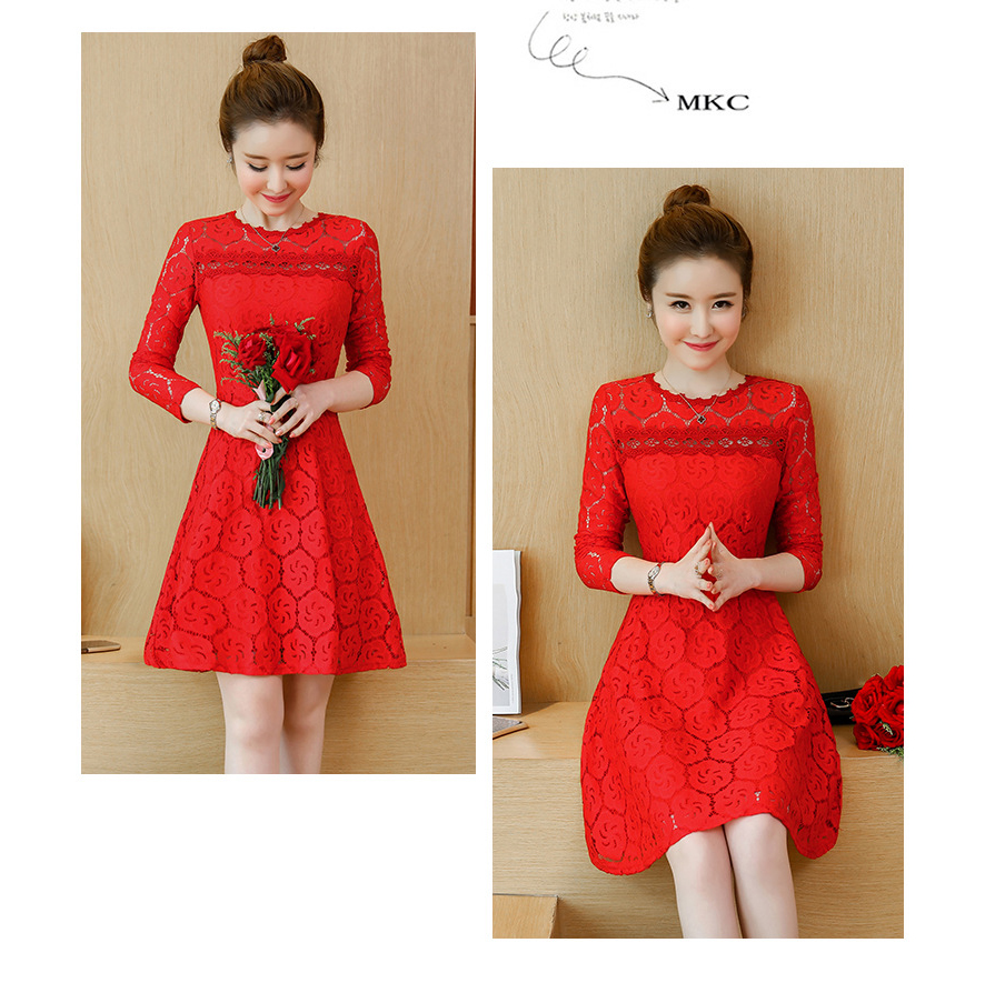 ชุดเดรสสั้นสีแดง ผ้าลูกไม้ แขนยาว ทรงข้ารูป กระโปรงบาน ซิปหลัง เป็นแฟชั่นชุดกระโปรงแบบสวยๆน่ารัก ใส่เป็น ชุดไปงานแต่งงาน ชุดแซกออกงาน ชุดทํางาน ชุดสาวออฟฟิตเกาหลี คนอ้วนสาวอวบก็ใส่ได้