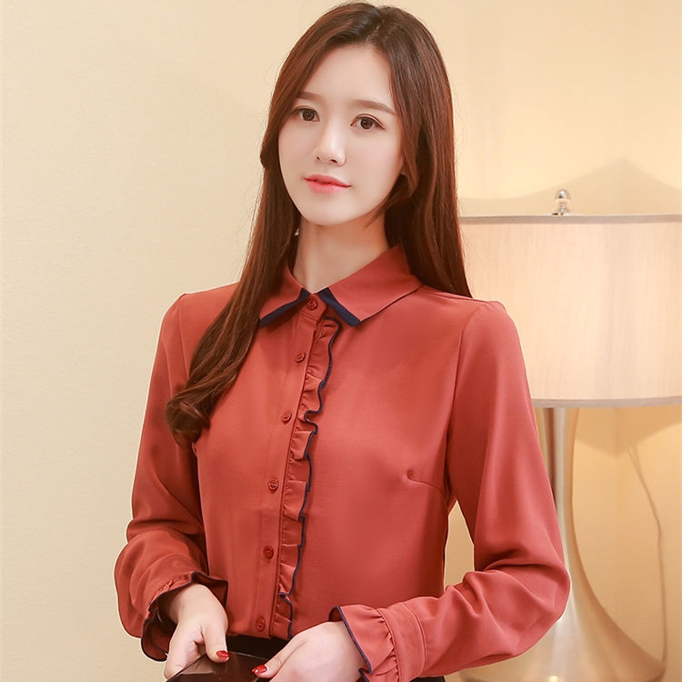 เสื้อเชิ้ตผู้หญิงน้ำตาลอิฐ คอปก กระดุมหน้าแต่งระบาย