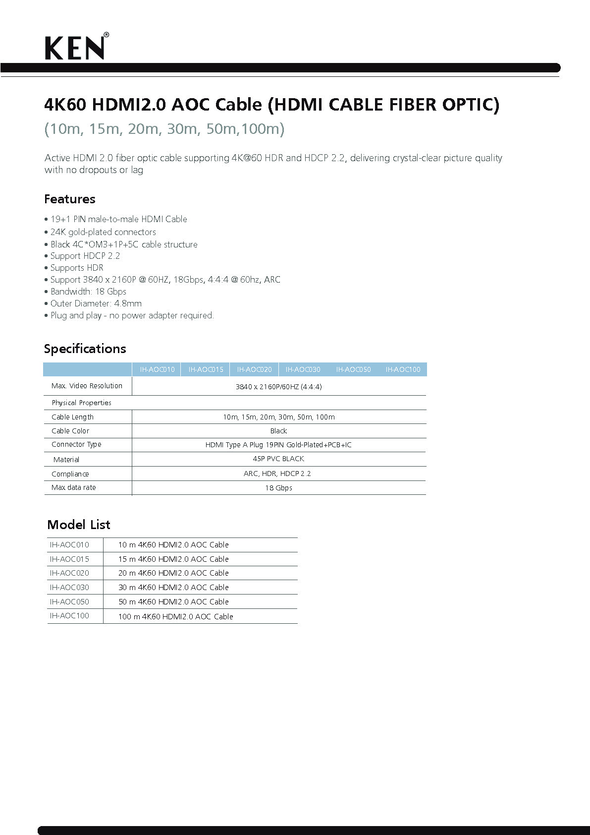 KEN : IH-AOC050 สาย HDMI2.0 Fiber optic 50M ความยาว 50 เมตร
