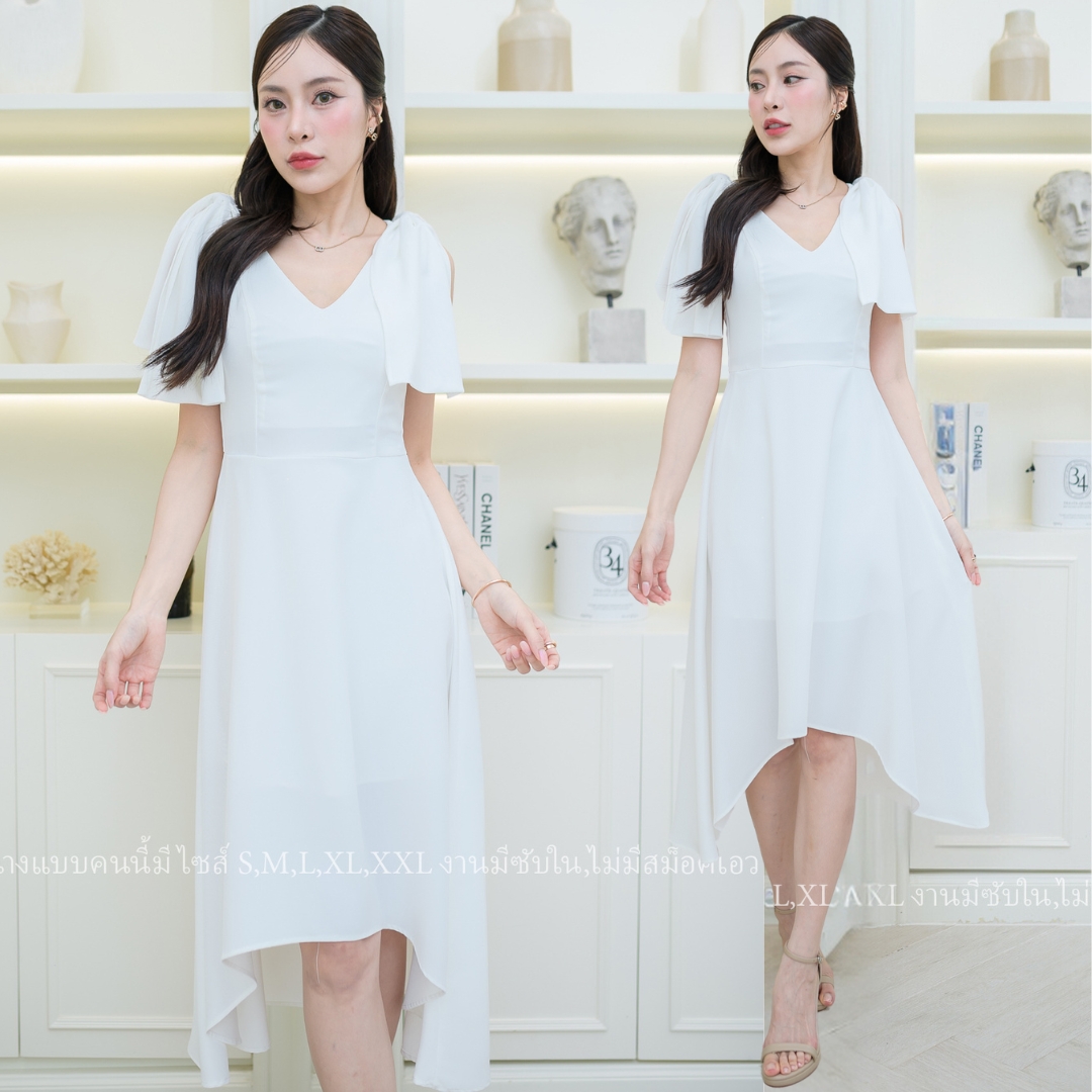 ชุดราตรี ชุดออกงาน ชุดไปงานแต่งงาน เดรสไหล่โบว์กระโปรงหน้าสั้นหลังยาว แนวเรียบหรู สวยดูดี ใส่ได้ทั้งงานกลางวัน/งานกลางคืน : สี ขาว/ฟ้า/ชมพู/เขียวมิ้นพาสเทล