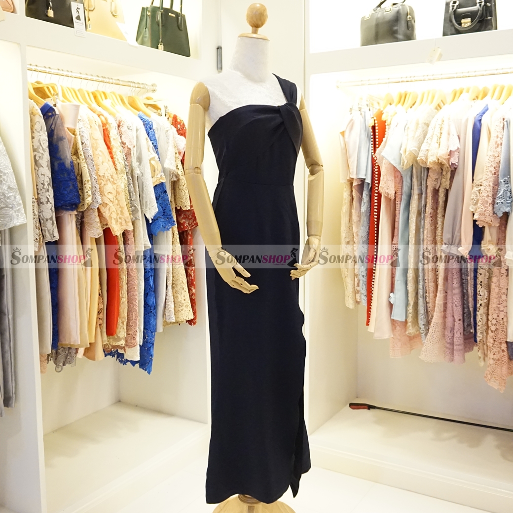 ชุดเดรสออกงานสีน้ำเงินกรมท่า ไหล่เฉียงข้าง จับจีบสวยๆสุดเก๋ ลุคเรียบๆ สวยหรู ดูสง่า เหมาะสำหรับใส่ออกงาน ไปงานแต่งงาน