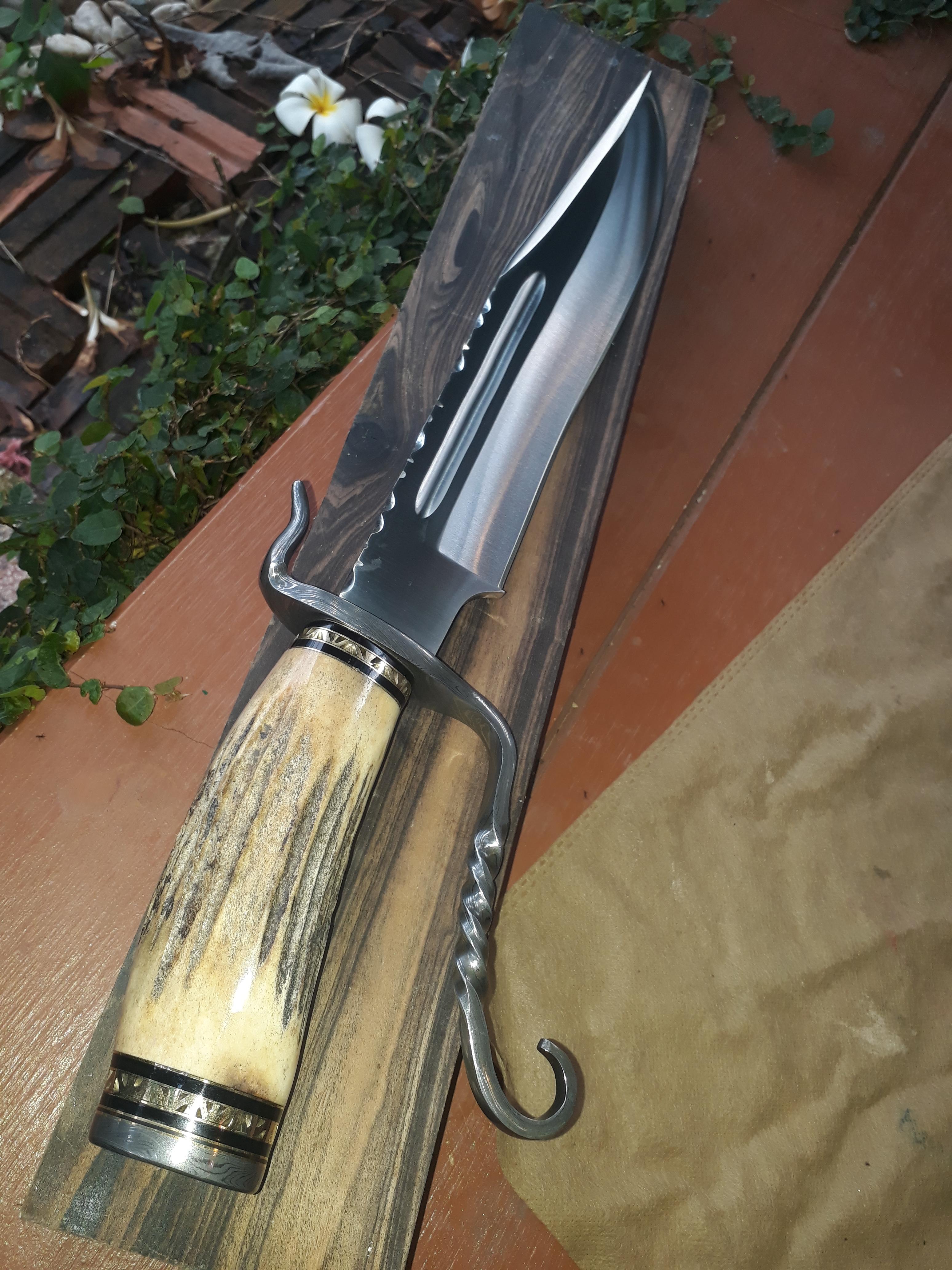 IMPACT CUTLERY RARE CUSTOM 1 OF A KIND BOWIE KNIFE STAG ANTLER DAMASCUS GUARD