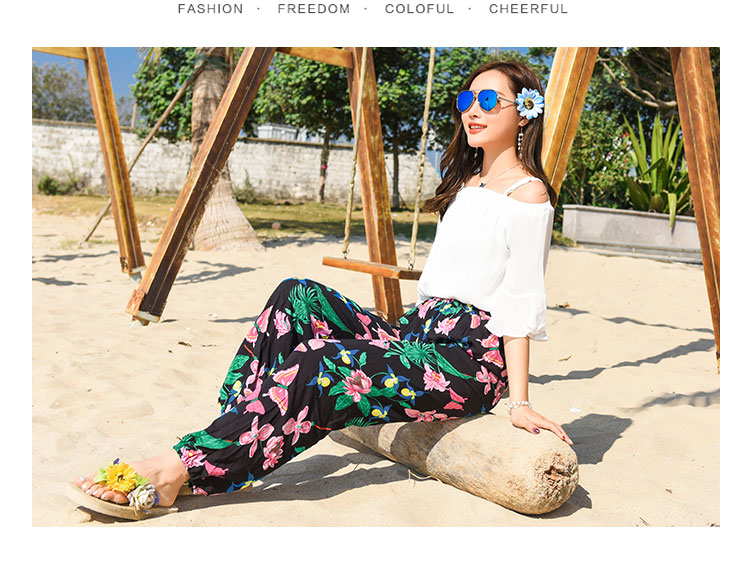 กางเกงขายาวใส่เที่ยวทะเลสีดำลายดอกไม้ เอวยืด แนวโบฮีเมียนสวยๆ