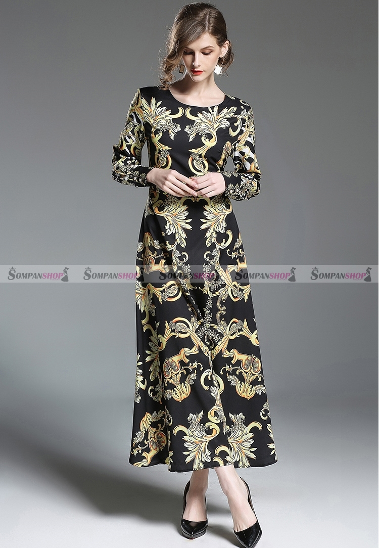ชุดเดรสยาวสีดำพิมพ์ลายสวยๆ แขนยาว กระโปรงบาน ลุคสวยเก๋ ดูดี ( สินค้าพร้อมส่ง )