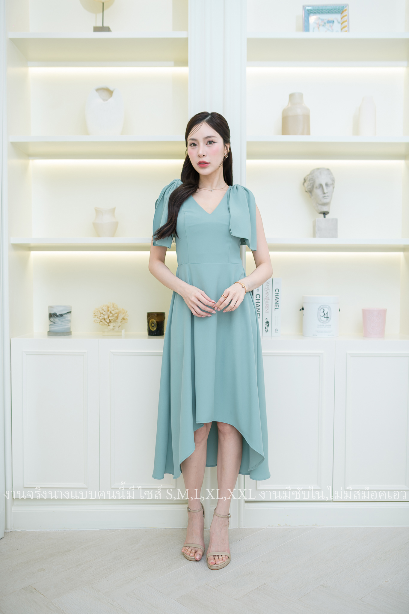 ชุดราตรี ชุดออกงาน ชุดไปงานแต่งงาน เดรสไหล่โบว์กระโปรงหน้าสั้นหลังยาว แนวเรียบหรู สวยดูดี ใส่ได้ทั้งงานกลางวัน/งานกลางคืน : สี ขาว/ฟ้า/ชมพู/เขียวมิ้นพาสเทล