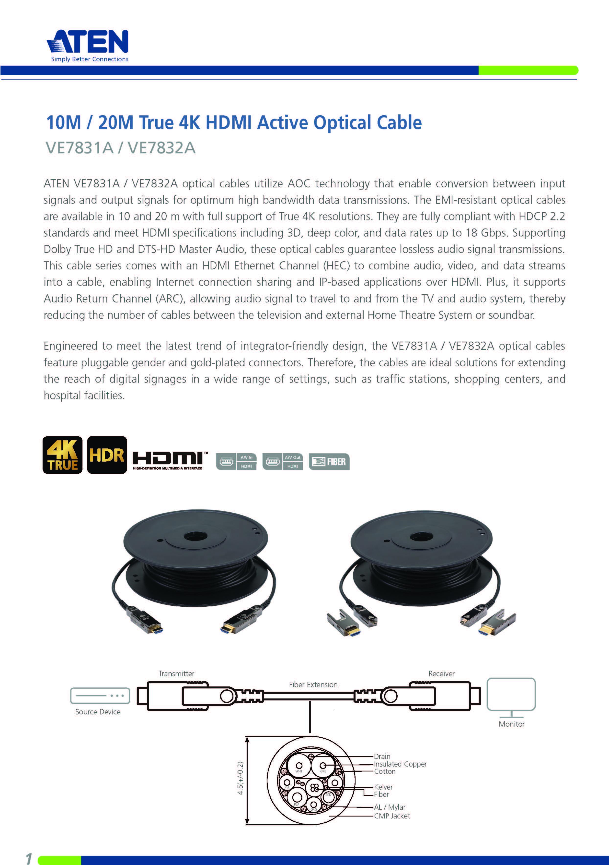 ATEN : VE7831A 10M True 4K HDMI Active Optical Cable (True 4K@10m) ความยาว 10 เมตร