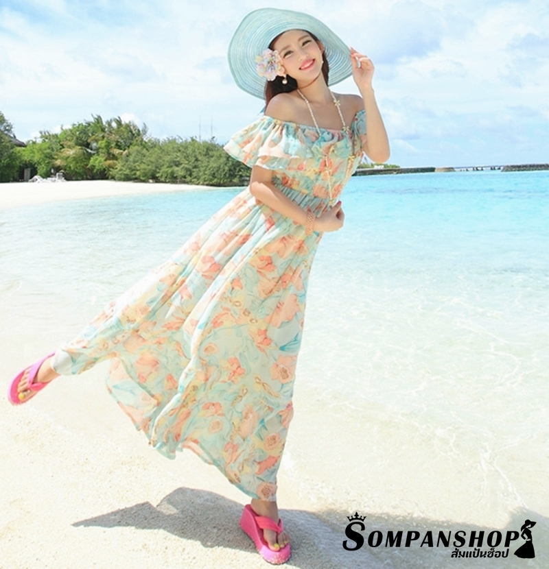 ชุดเดรสเที่ยวทะเลลายดอกไม้สีเขียว เปิดไหล่แต่งระบาย เอวยืด กระโปรงยางทรงบาน