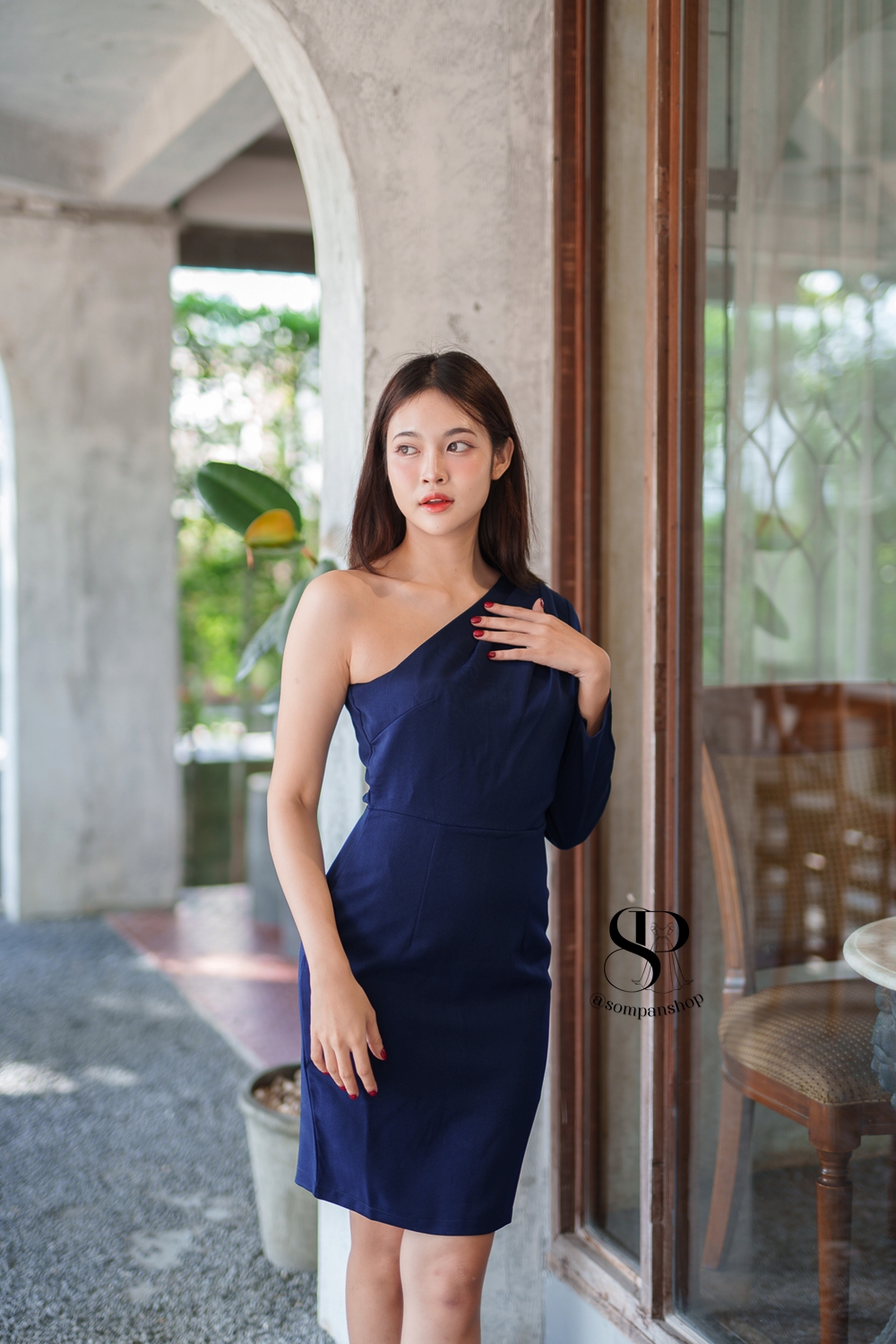 พร้อมส่ง !! ชุดไปงานแต่งงานสีน้ำเงินกรมท่า ไหล่เฉียงข้าง เรียบหรู สวย ดูดี ใส่เป็น ชุดราตรี ชุดออกงาน ชุดไปงานแต่งงาน กลางวัน กลางคืน