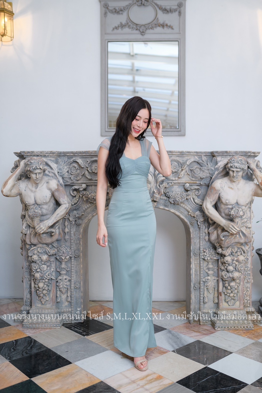 ชุดราตรี ชุดออกงาน ชุดไปงานแต่งสีเขียวพาสเทล เดรสยาวออกงาน ไกล่แต่งผ้าซีทรู กระโปรงผ่าหน้า แนวเรียบหรู สวยดูดี ใส่ได้ทั้งงานกลางวัน/งานกลางคืน