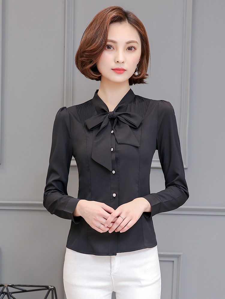 Sale เสื้อเชิ้ตผู้หญิงสีดำ แขนยาว คอผูกโบว์ กระดุมหน้า