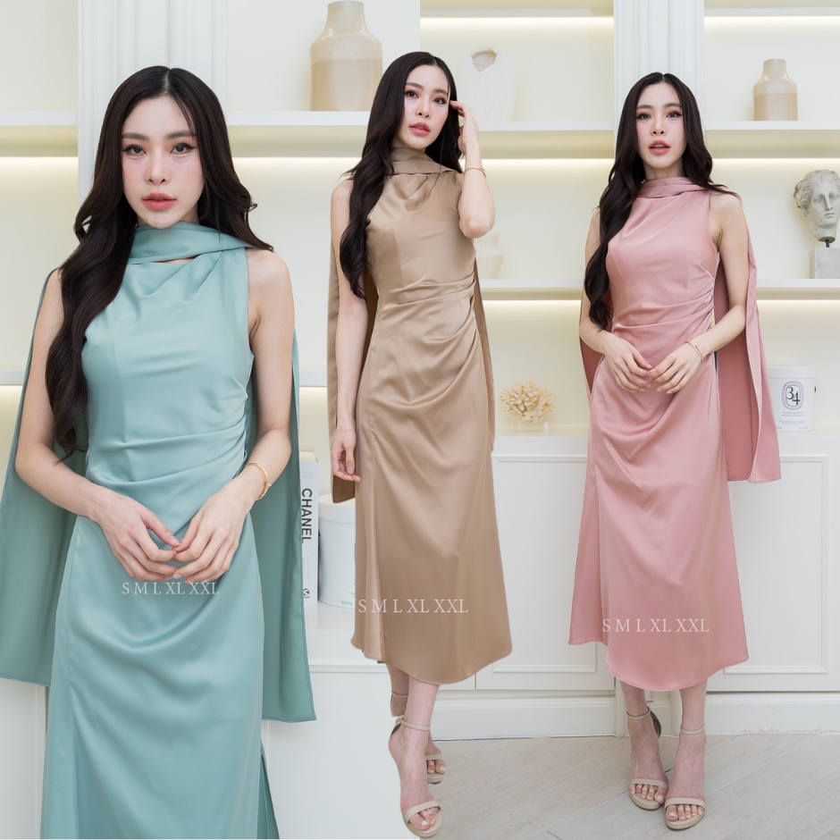 ชุดเดรสสั้นแขนกุด มาพร้อมผ้าคลุมไหล่สวยเก๋ ชุดไปงานแต่งงาน ชุดออกงาน ชุดเพื่อนเจ้าสาว