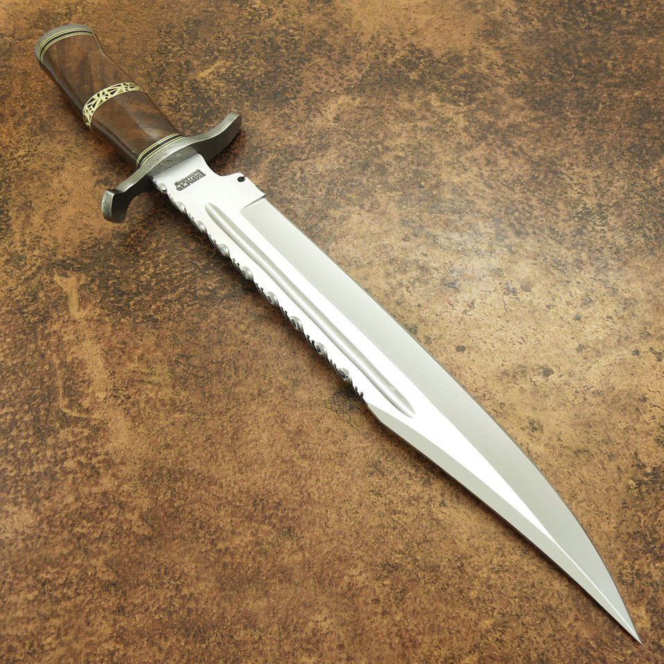 มีดใบตาย UK IMPACT CUTLERY RARE CUSTOM D2 LARGE COMBAT BOWIE KNIFE BURL WOOD DAMASCUS GUARD