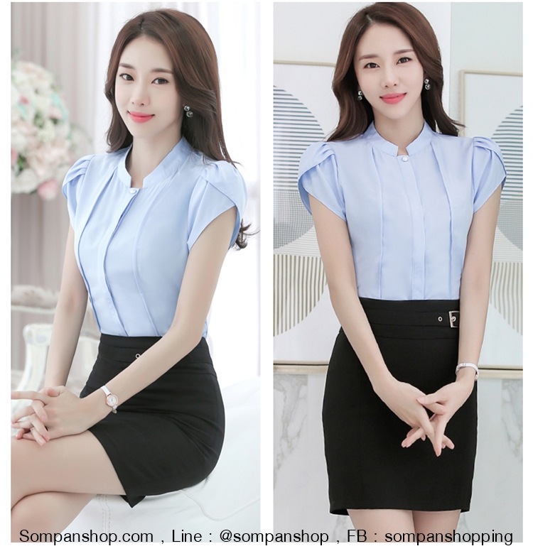 เสื้อเชิ้ตผู้หญิงสีฟ้า แขนสั้น ทรงเข้ารูป กระดุมหน้า
