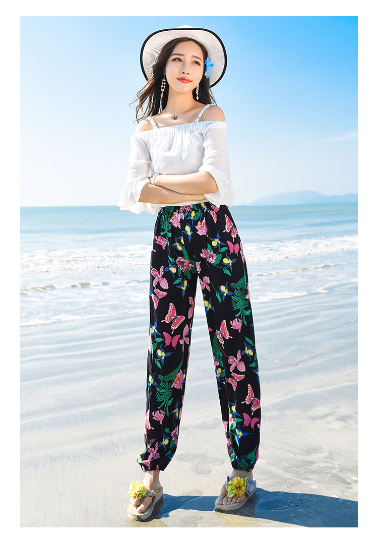กางเกงขายาวใส่เที่ยวทะเลสีดำลายดอกไม้ เอวยืด แนวโบฮีเมียนสวยๆ