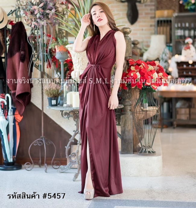 ชุดออกงานราตรีสีแดงไวน์ รวบเอว เรียบหรู ดูแพง ใส่ออกงานราตรี งานแต่งงาน ธีมเพื่อนเจ้าสาวงานกลางคืน