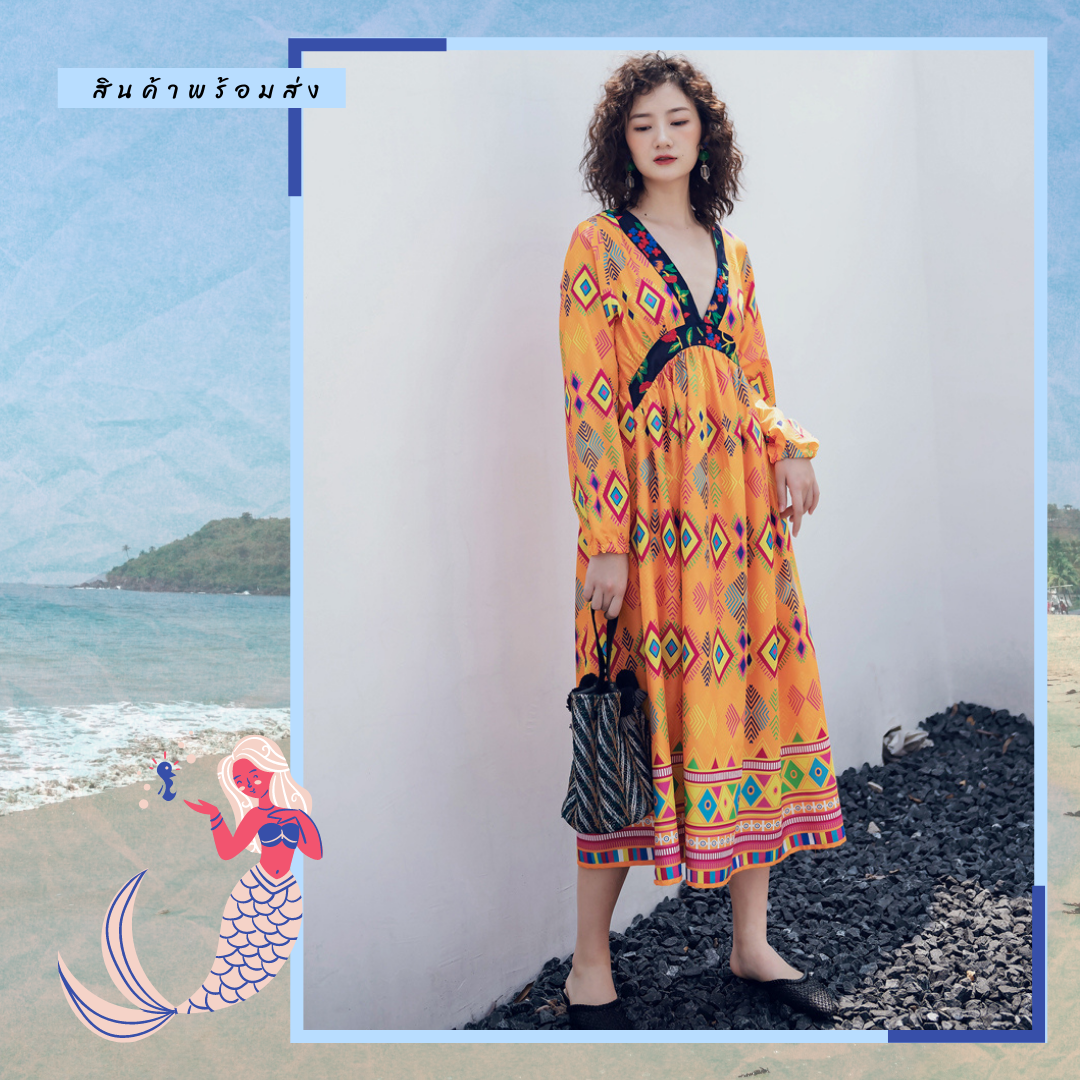 ชุดเดรสยาวสีเหลืองลายโบฮีเมียน แฟชั่นเที่ยวทะเลสวยๆ ชุดเดินเล่นริมทะเล