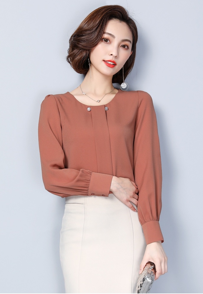 เสื้อทำงานผู้หญิงสีน้ำตาล จับจีบแถบด้านหน้า แขนยาว ทรงปล่อย