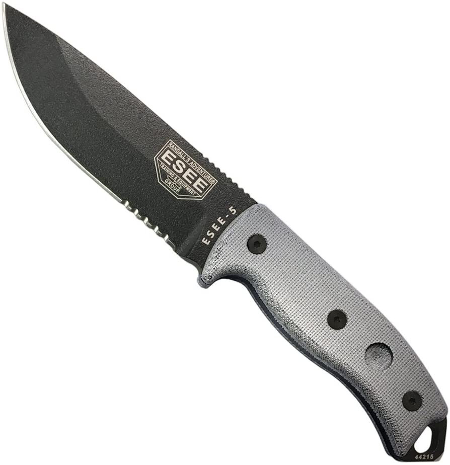 มีด ESEE-5S (GLASS BREAKER) BLACK PARTIALLY SERRATED FIXED BLADE W/ GREEN CANVAS MICARTA HANDLE, BLACK KYDEX SHEATH CODE: ESEE-5S