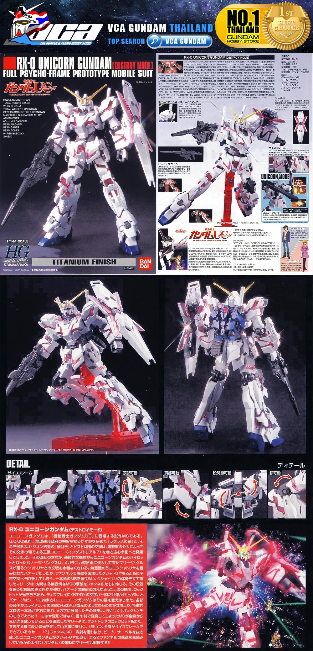 Bandai High Grade HG RX-0 UNICORN GUNDAM DESTROY MODE TITANIUM VER ยูนิคอร์น กันดั้ม ไทเทเนี่ยม