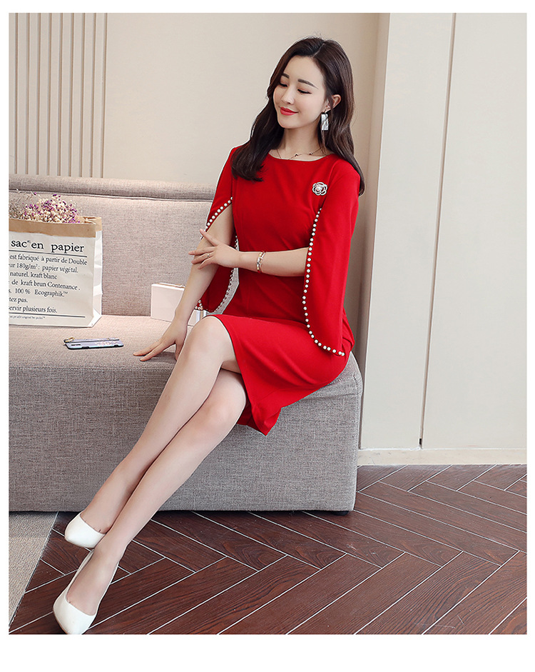 พร้อมส่ง !! ชุดเดรสสั้นสีแดง แขนระบายแต่งมุก แนวเรียบหรู สวยสง่า ใส่ดูดีมากๆ