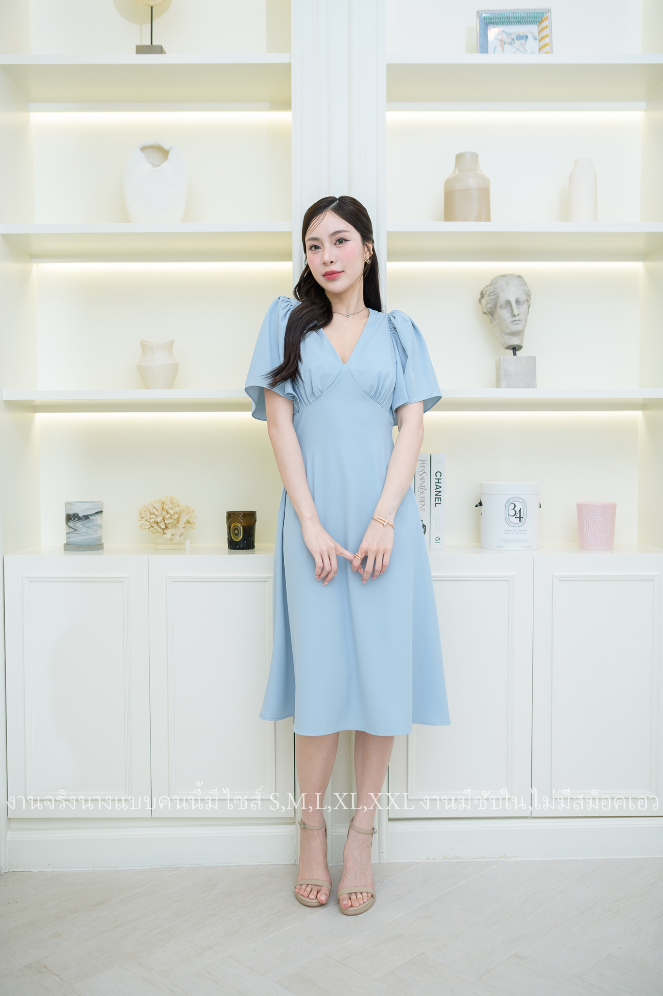 ชุดราตรี ชุดออกงาน ชุดไปงานแต่งงาน เดรสสั้นแขนระบาย กระโปรงคลุมเข่า แนวเรียบหรู สวยดูดี ใส่ได้ทั้งงานกลางวัน/งานกลางคืน : สี ขาว/ฟ้า/ชมพู