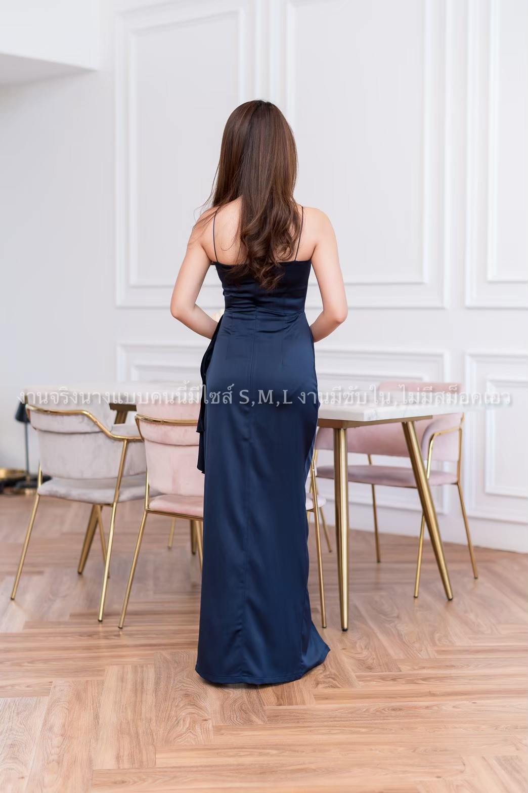 ชุดราตรี ชุดออกงาน ชุดไปงานแต่งงานสีกรมท่า เดรสยาวออกงานสายเดี่ยวเอวระบายสวยๆ