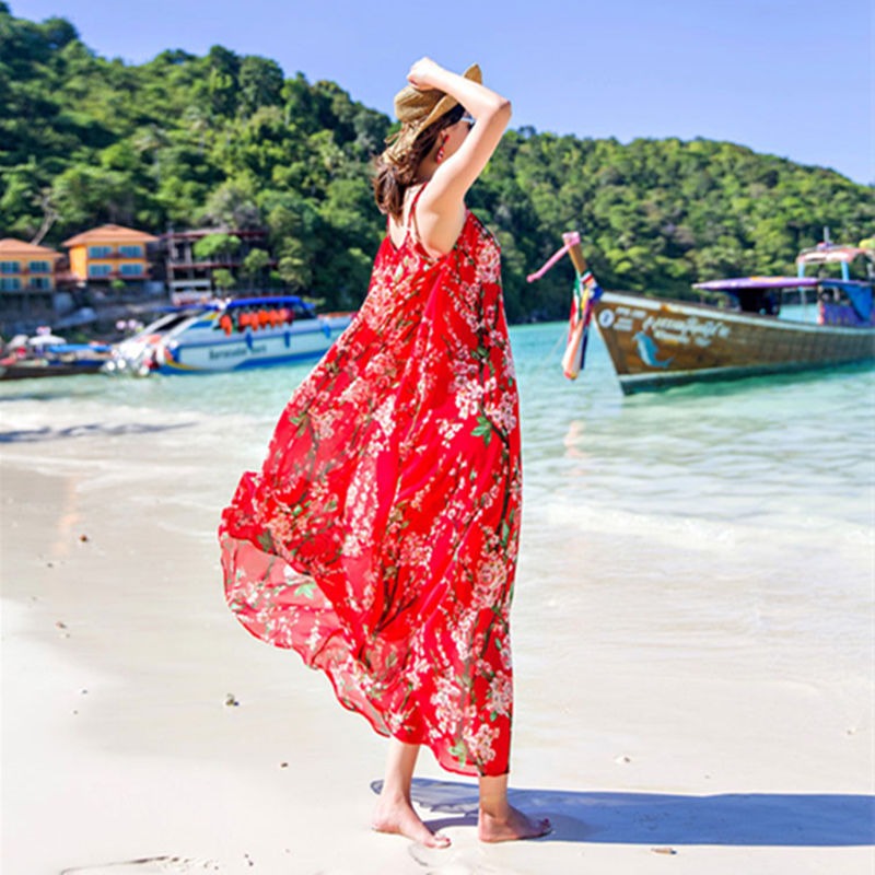 พร้อมส่ง !! ชุดเดรสยาวสีแดงลายดอกไม้ สายเดี่ยว เดรสทรงปล่อย ชุดใส่เดินเล่นถ่ายรูปริมชายหาดสวยๆ แฟชั่นชุดไปทะเล ชุดเที่ยวทะเล