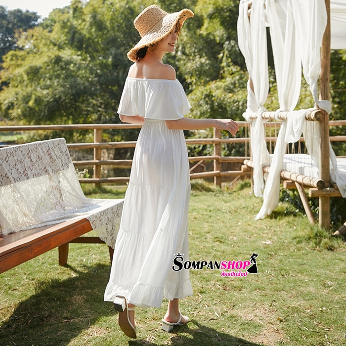ชุดไปทะเล ชุดเที่ยวทะเล แม็กซี่เดรสยาวสีขาว เปิดไหล่
