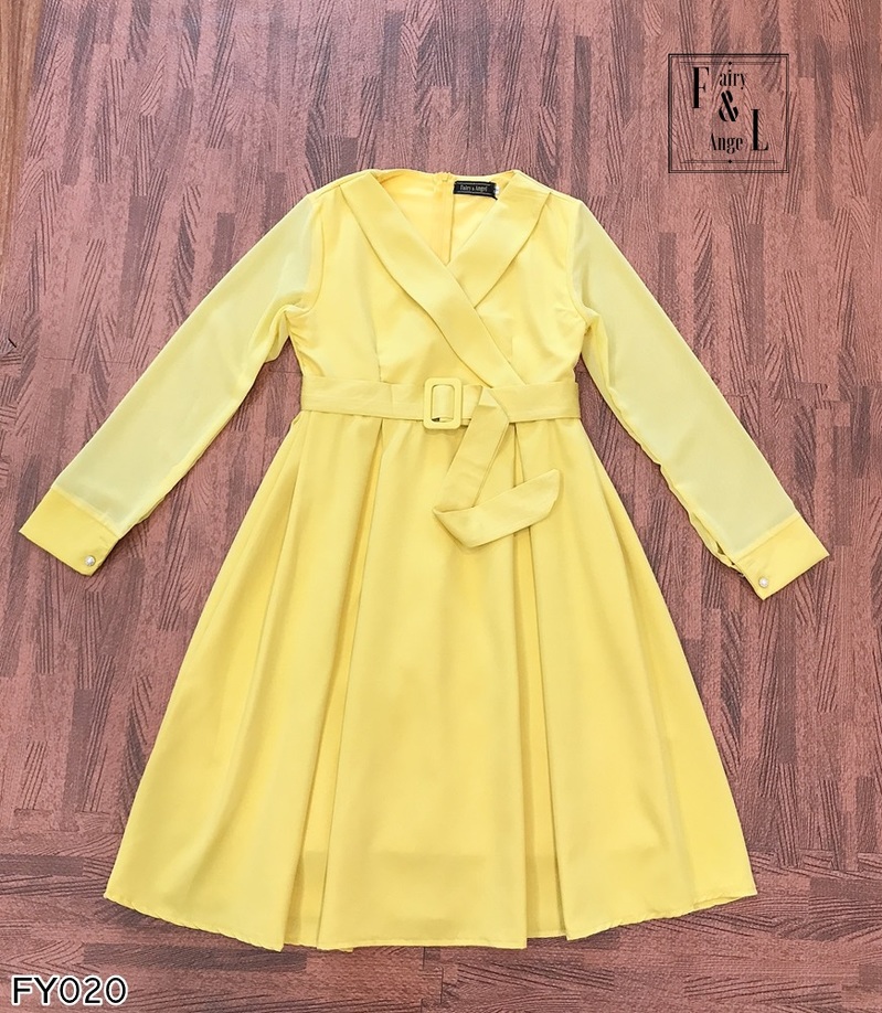 ชุดสีเหลืองใส่ทำงานสวยๆ ชุดเดรสสีเหลือง แขนยาว กระโปรงยาวคลุมเข่า