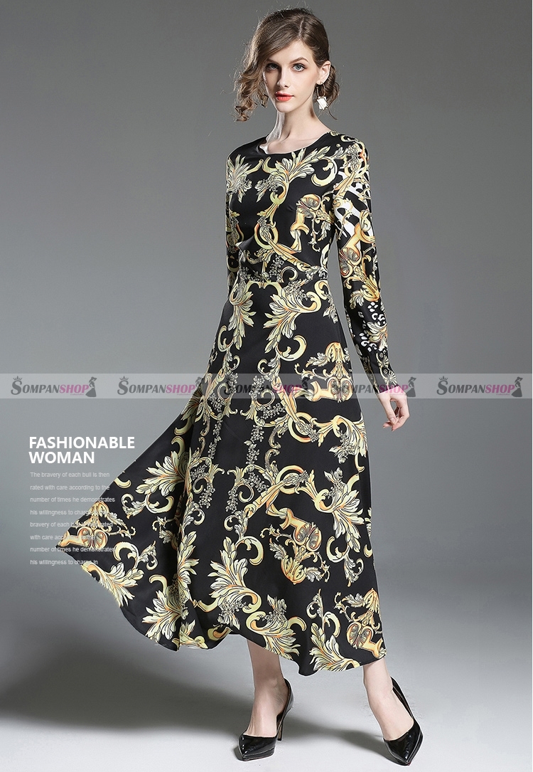 ชุดเดรสยาวสีดำพิมพ์ลายสวยๆ แขนยาว กระโปรงบาน ลุคสวยเก๋ ดูดี ( สินค้าพร้อมส่ง )