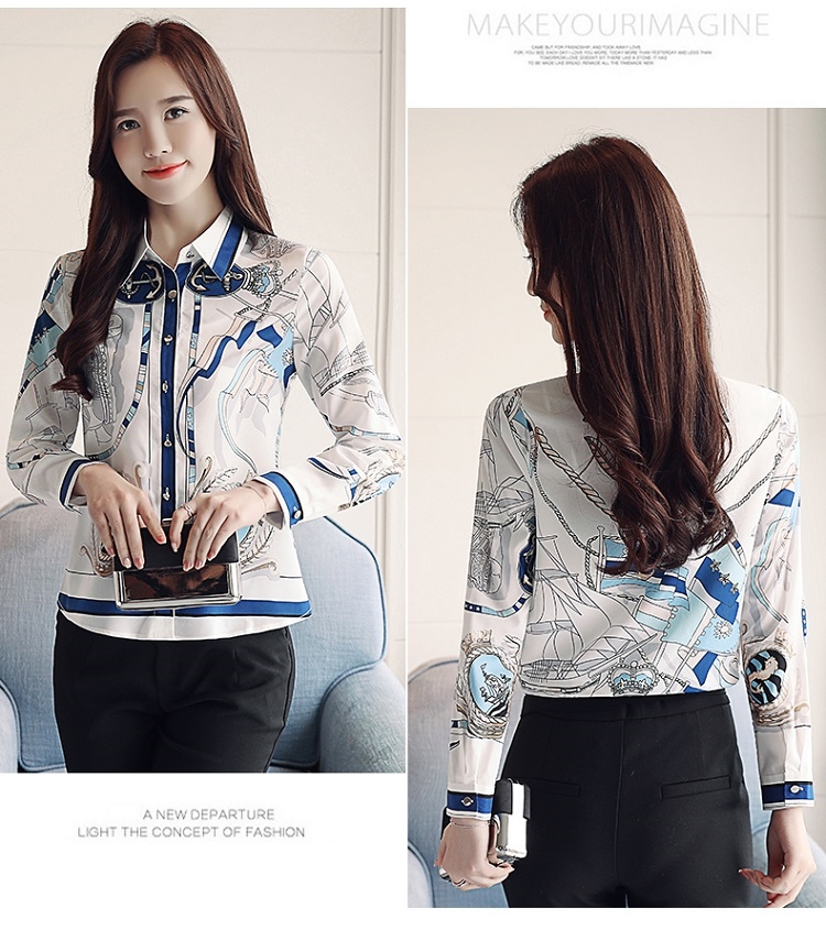 เสื้อเชิ้ตผู้หญิงสีขาวลายเรือสวยเก๋ คอปก แขนยาว กระดุมหน้า