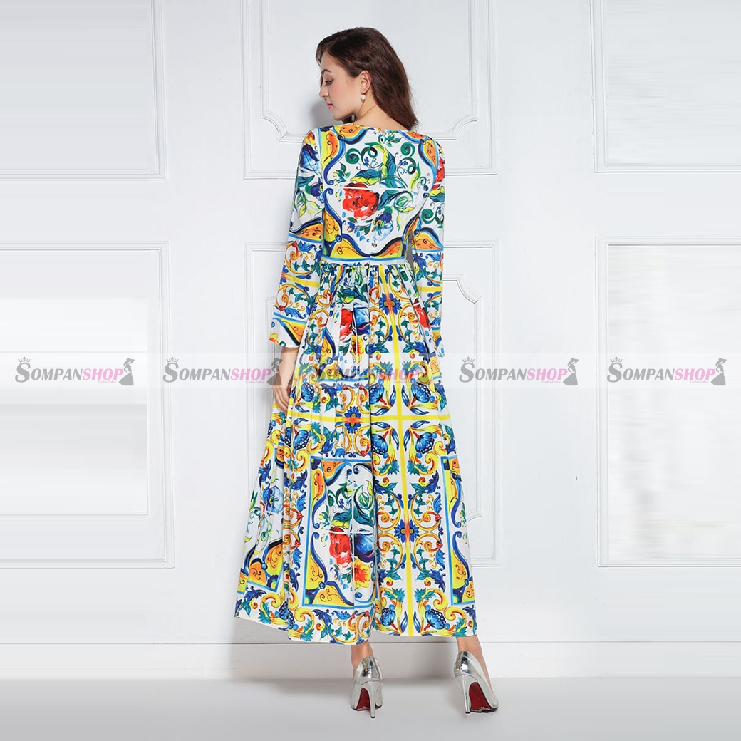 ชุดเดรสยาวพิมพ์ลายสวยเก๋ คอกลม แขนยาว กระโปรงยาวทรงปล่อย