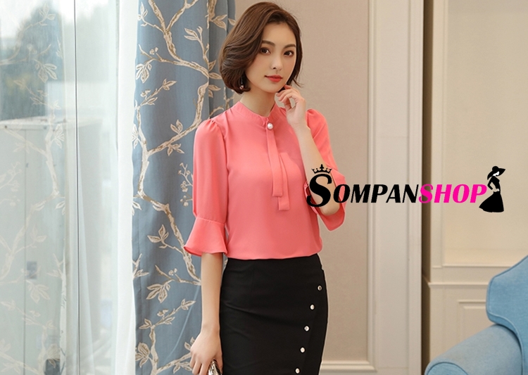 เสื้อเชิ้ตผู้หญิงสีส้มพีท แขนสี่ส่วน ผ้าชีฟอง ลุคเรียบร้อย สวยๆ สไตล์สาวออฟฟิศ