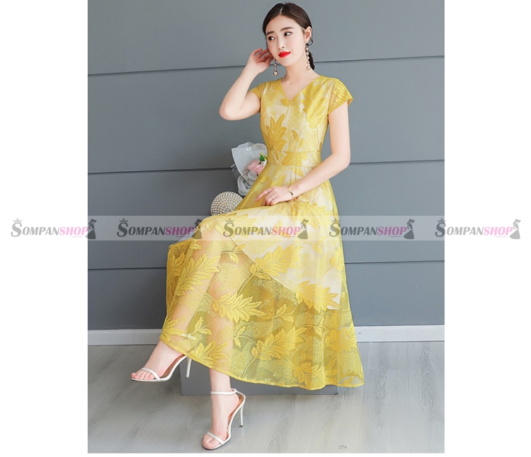 Sale ชุดเดรสลูกไม้สีเหลืองอ่อน แขนสั้น กระโปรงยาวคลุมเข่าทรงบาน แนวเรียบๆ สวยหวาน เรียบร้อย ดูดี