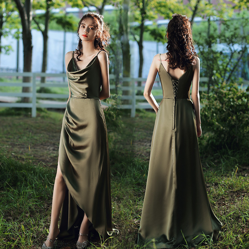 ชุดราตรี ชุดออกงาน ชุดไปงานแต่งงาน เดรสออกงานสีเขียว สายเดี่ยว คอถ่วง เรียบหรู ดูแพง