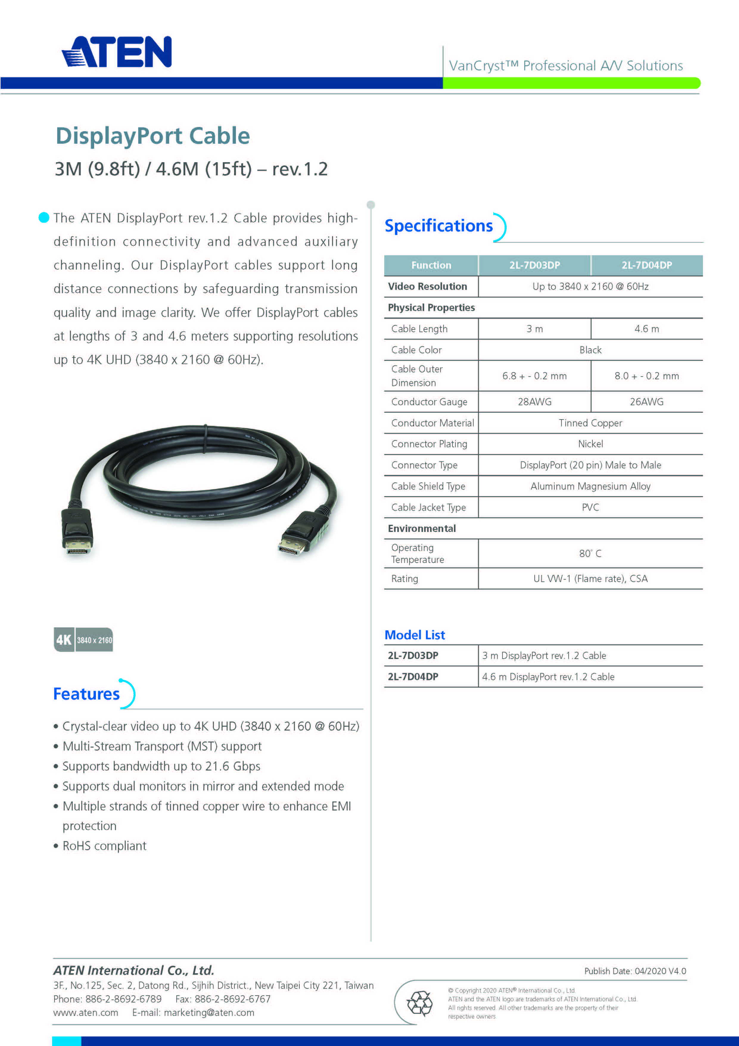 ATEN : 2L-7D04DP 4.6 m DisplayPort rev.1.2 Cable ความยาว 4.6 เมตร