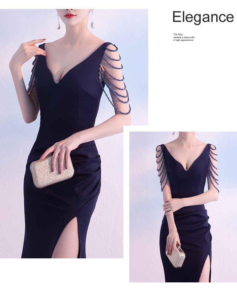 ชุดราตรียาวสีน้ำเงินกรมท่า แขนแต่งลูกปัด กระโปรงยาวทรงหางปลา แนวเรียบหรู สวยดูแพง ใส่ออกงานราตรี งานแต่งงานกลางคืน ชุดงานประกวด งานรับรางวัล