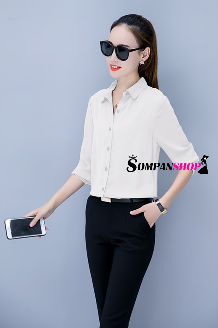 เสื้อเชิ้ตผู้หญิงทำงานสีขาว แขนยาว กระดุมหน้า ผ้าชีฟอง