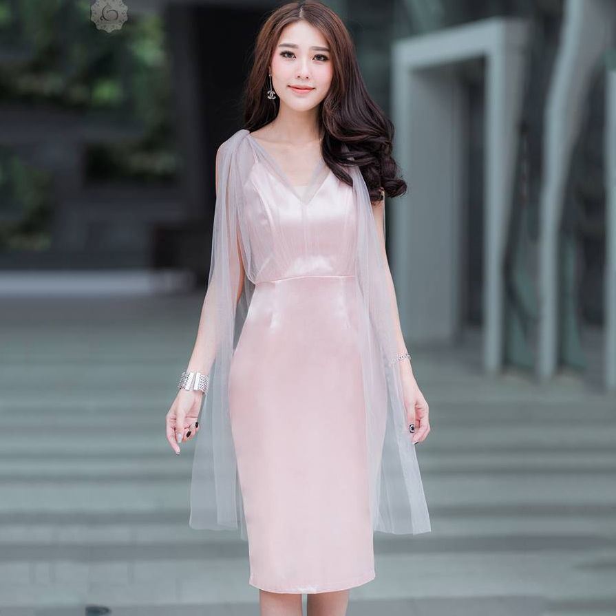 ชุดราตรี ชุดออกงาน ชุดไปงานแต่งชมพูพิ้งโกลด์ สายเดี่ยวไหล่แต่งผ้ามุ่งผูกโบง์น่ารักๆ กระโปรงเข้ารูปทรงเอ