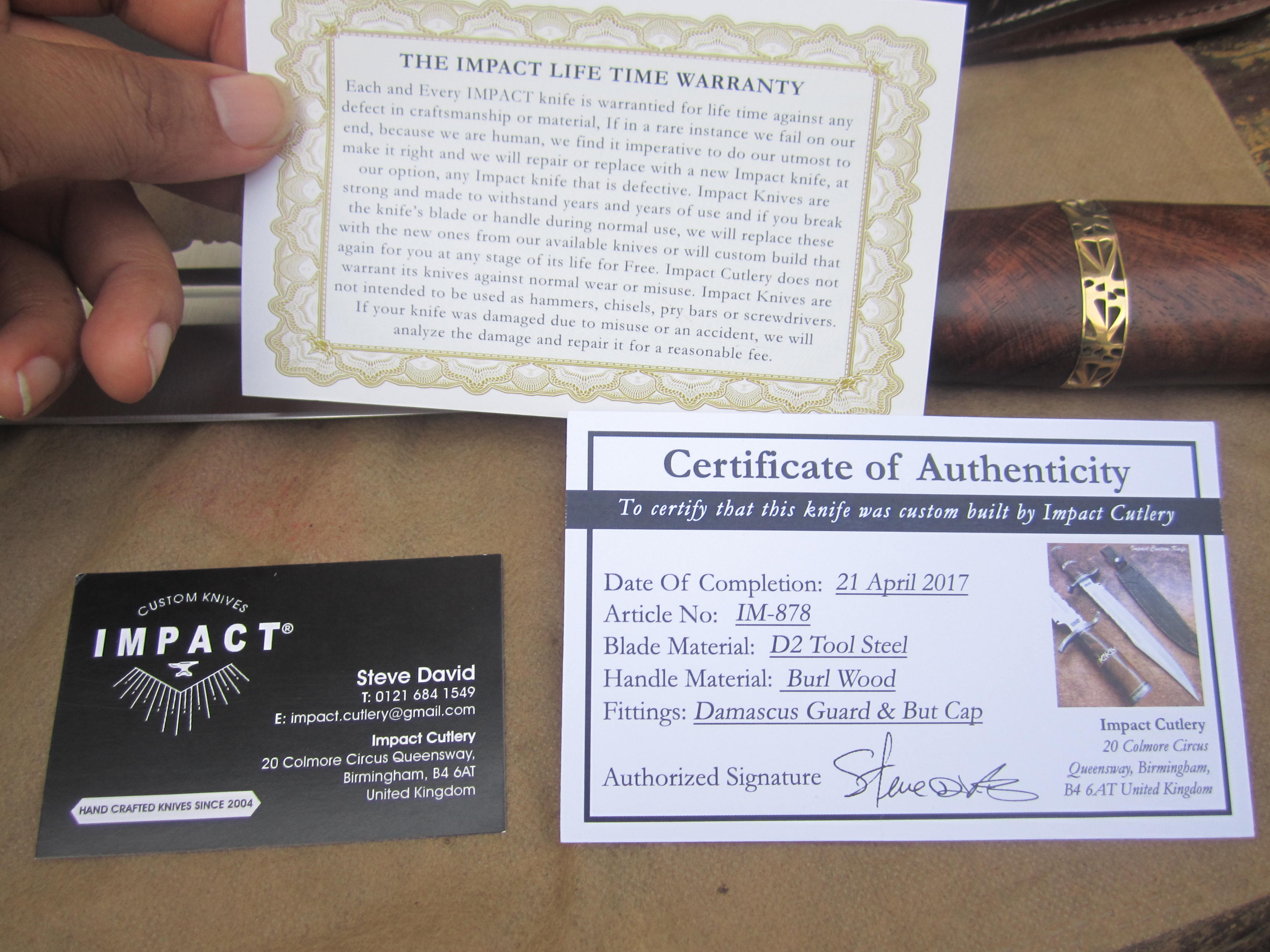 มีดใบตาย UK IMPACT CUTLERY RARE CUSTOM D2 LARGE COMBAT BOWIE KNIFE BURL WOOD DAMASCUS GUARD