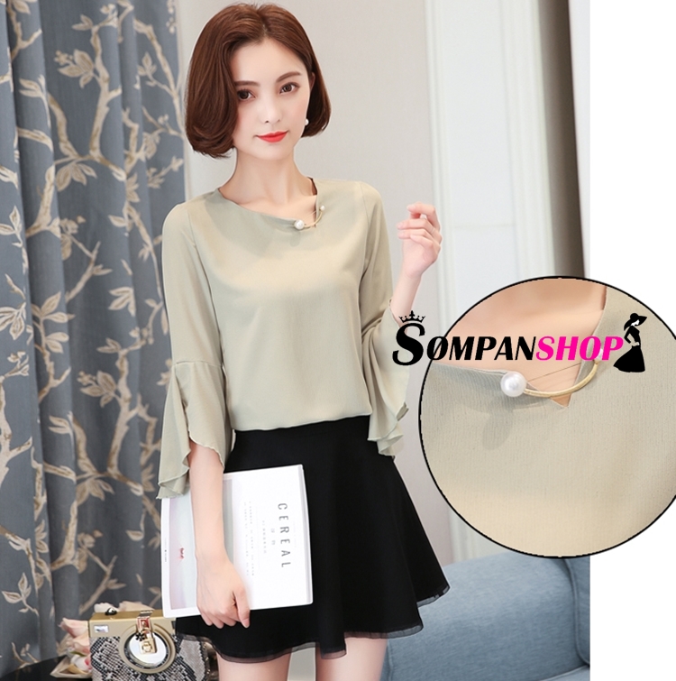 เสื้อเชิ้ตผู้หญิงทำงานสีเขียว แขนยาวแต่งระบาย ผ้าชีฟอง