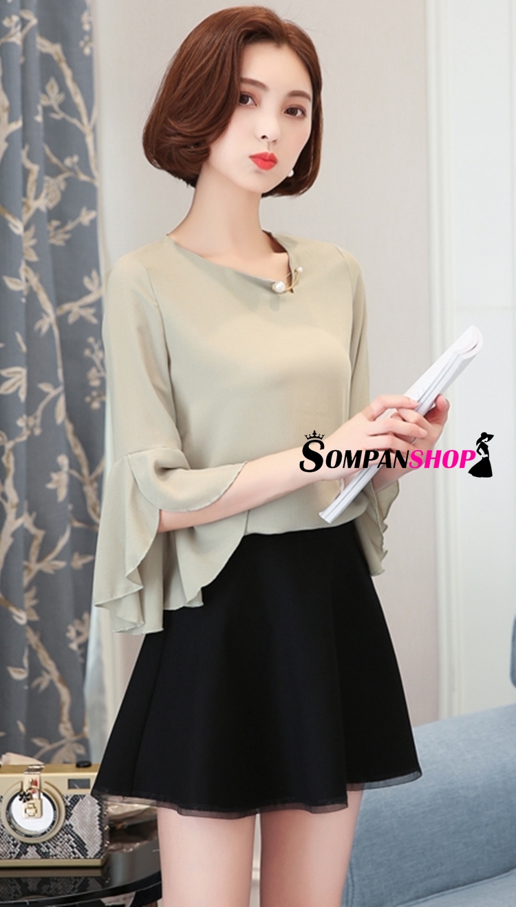 เสื้อเชิ้ตผู้หญิงทำงานสีเขียว แขนยาวแต่งระบาย ผ้าชีฟอง