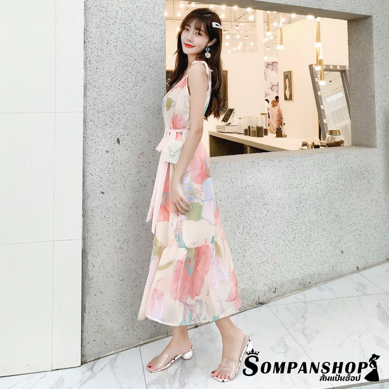 ชุดเดรสเที่ยวทะเลลายดอกไม้สีพาสเทล สายเดี่ยว