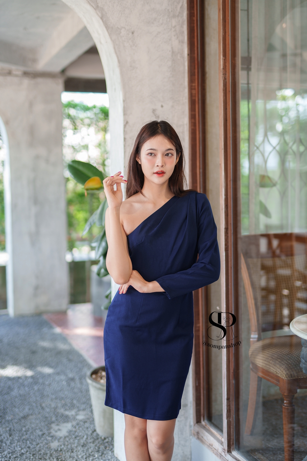 พร้อมส่ง !! ชุดไปงานแต่งงานสีน้ำเงินกรมท่า ไหล่เฉียงข้าง เรียบหรู สวย ดูดี ใส่เป็น ชุดราตรี ชุดออกงาน ชุดไปงานแต่งงาน กลางวัน กลางคืน