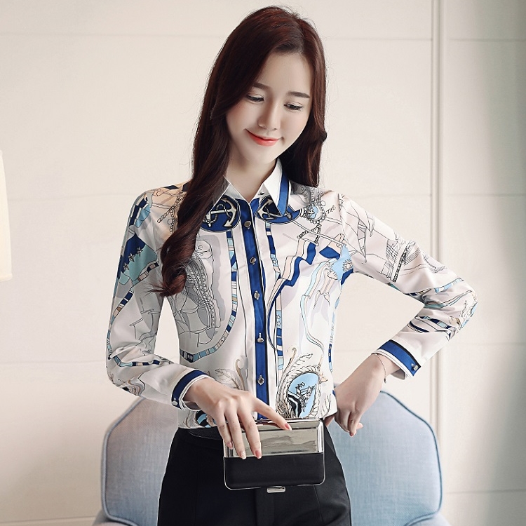 เสื้อเชิ้ตผู้หญิงสีขาวลายเรือสวยเก๋ คอปก แขนยาว กระดุมหน้า