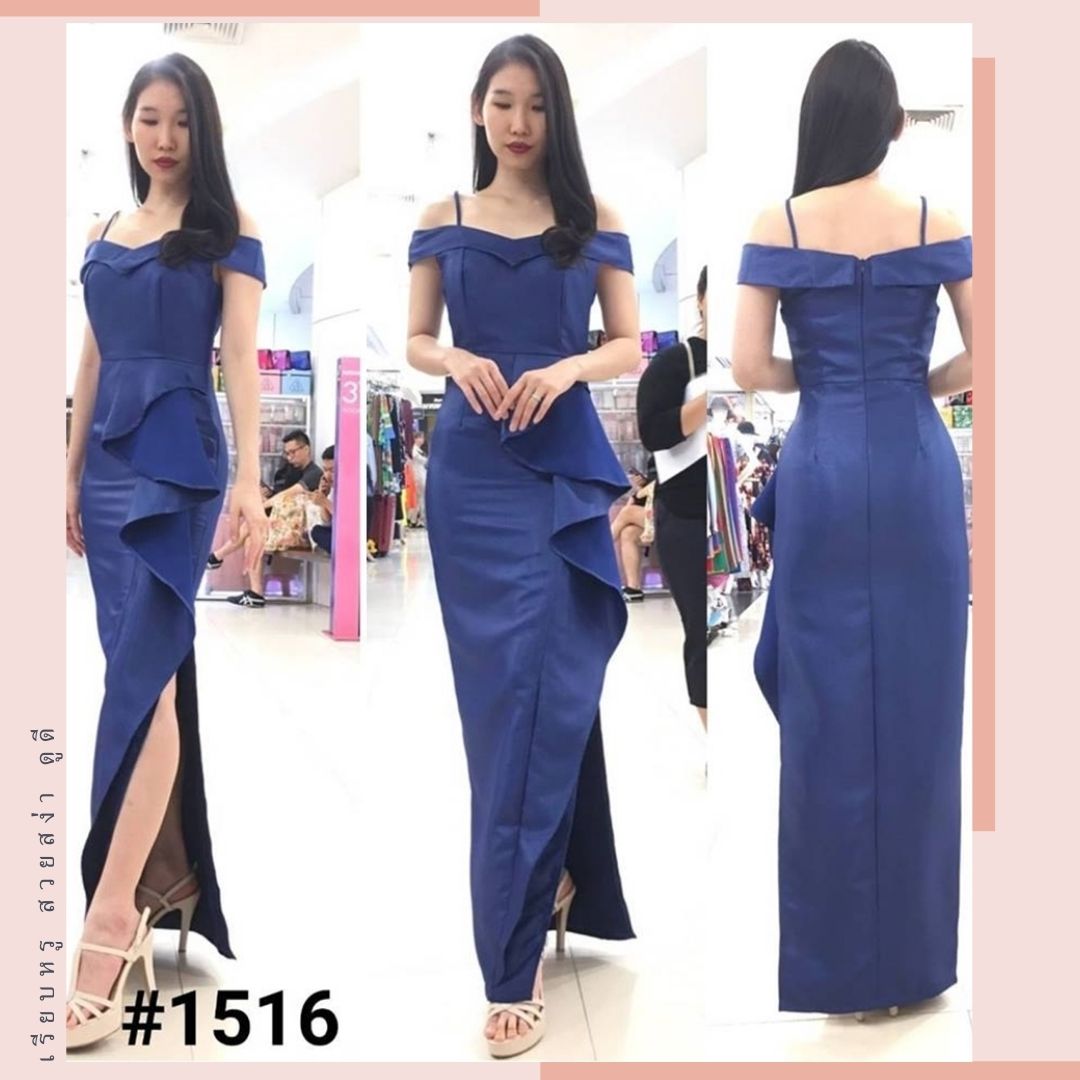 ชุดราตรี ชุดออกงาน ชุดไปงานแต่งงานสีน้ำเงิน สายเดี่ยว เปิดไหล่ เอวแต่งระบาย