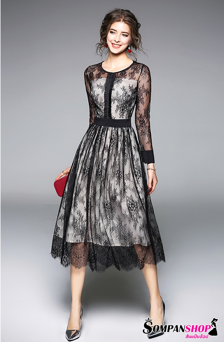 ชุดเดรสลูกไม้สีดำ แขนยาว เรียบหรู สวยหรูดูแพง ใส่แล้วดูดีมากๆ