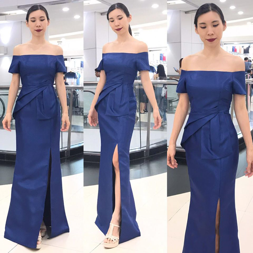 ชุดออกงานราตรี/ไปงานแต่งไซส์ใหญ่สีน้ำเงิน เดรสยาวทรงปาดไหล่ ปิดต้นแขน เอวแต่งจีบระบายสวยเก๋