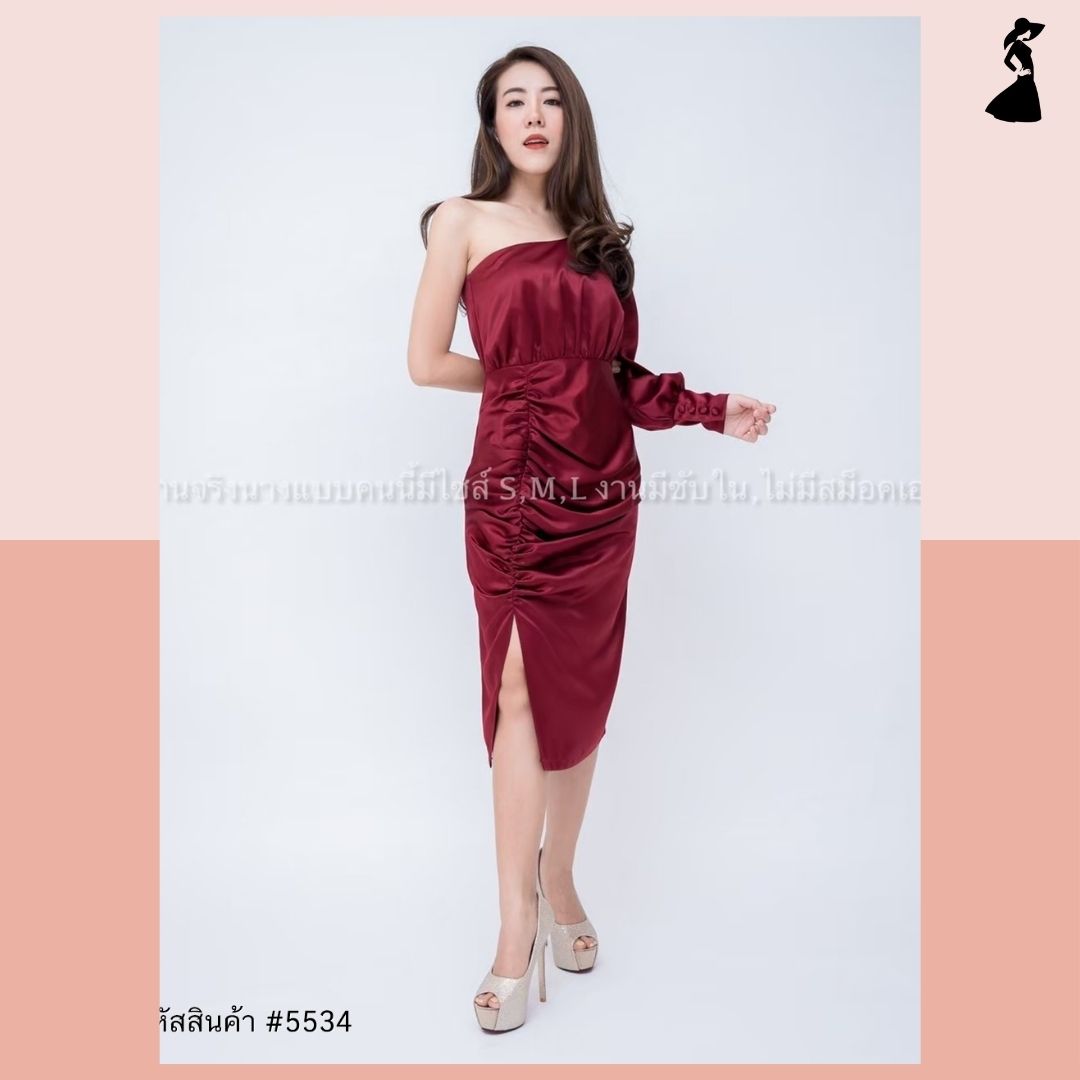 ชุดราตรี ชุดออกงาน ชุดไปงานแต่งงานสีแดง ไหล่เฉียงข้างแขนยาว ทรงเข้ารูป แนวเรียบหรู สวย ดูดี
