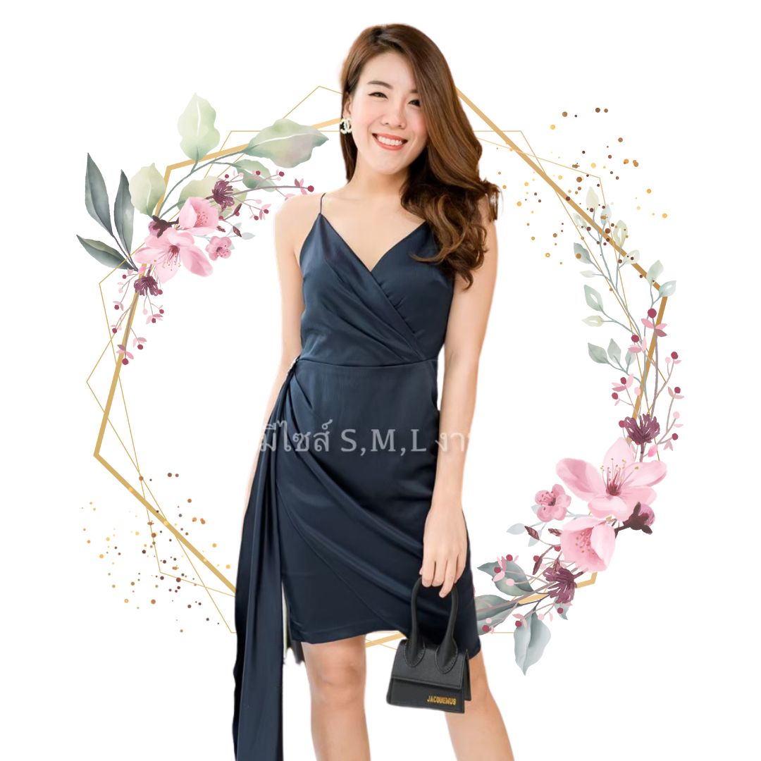 ชุดราตรี ชุดออกงาน ชุดไปงานแต่งงานสีกรมท่า เดรสสั้นสายเดี่ยวเอวระบายข้าง